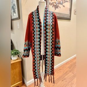 Aztec Boho Cardigan burgandy and turquoise